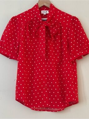 Tulip B Red Heart Print Tie Neck Blouse Small